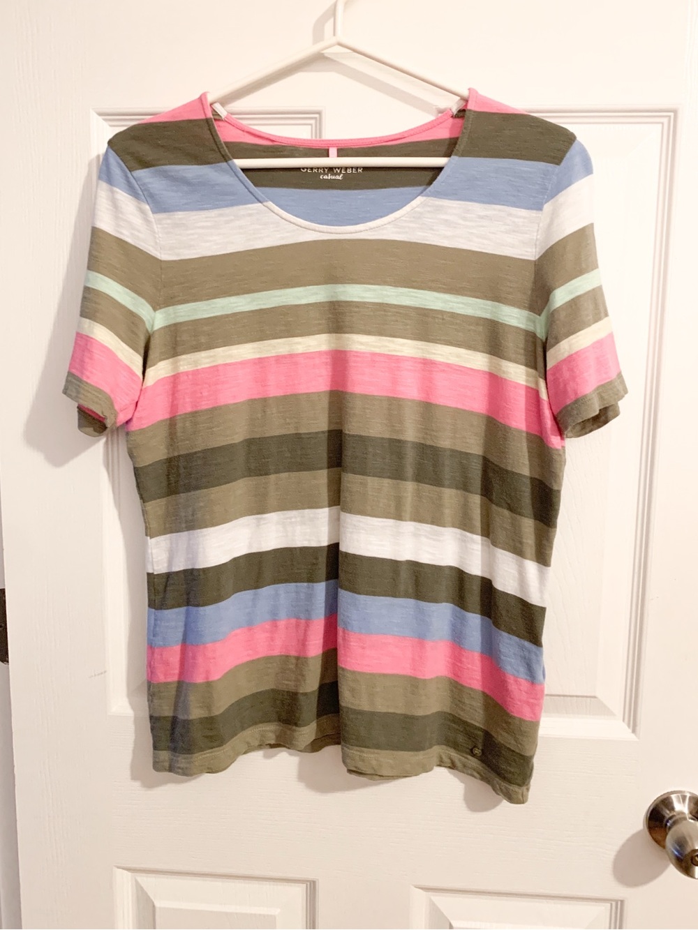 Gerry Weber Casual  Olive Striped Short Sleeve Tee with Pink & Blue  - size 12